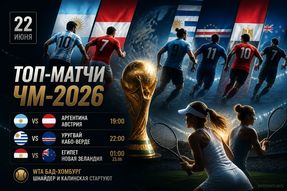 Расписание топ-матчей 22 июня на ЧМ-2026: Аргентина, Уругвай и Египет